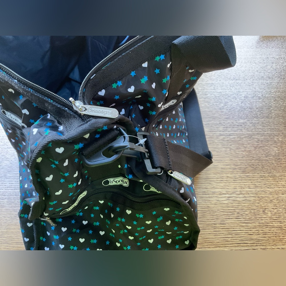 LESPORTSAC Medium Black, Blue and Green Star & Heart Duffel Bag/Weekender - Picture 10 of 11